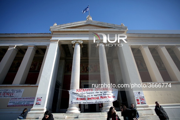 Greek school teachers protest outside the National and Kapodistrian University of Athens in Greece on January 17, 2019. Teachers and student...