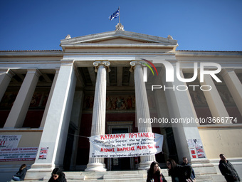 Greek school teachers protest outside the National and Kapodistrian University of Athens in Greece on January 17, 2019. Teachers and student...