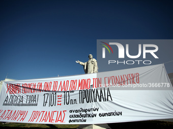 Greek school teachers protest outside the National and Kapodistrian University of Athens, in Greece on January 17, 2019. Teachers and studen...