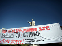 Greek school teachers protest outside the National and Kapodistrian University of Athens, in Greece on January 17, 2019. Teachers and studen...