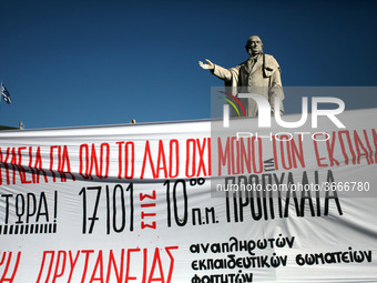 Greek school teachers protest outside the National and Kapodistrian University of Athens, in Greece on January 17, 2019. Teachers and studen...