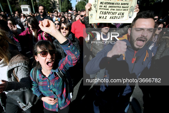 Greek school teachers protest in Athens, Greece on January 17, 2019. Teachers and students protest against government plans to change the hi...