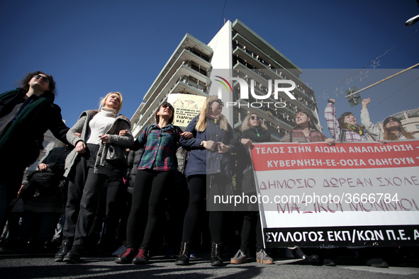 Greek school teachers protest outside the Greek Parliament in Athens, Greece on January 17, 2019. Teachers and students protest against gove...