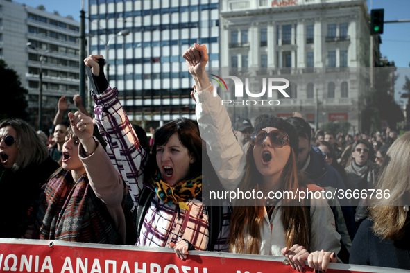 Greek school teachers protest outside the Greek Parliament in Athens, Greece on January 17, 2019. Teachers and students protest against gove...