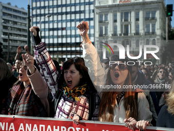 Greek school teachers protest outside the Greek Parliament in Athens, Greece on January 17, 2019. Teachers and students protest against gove...