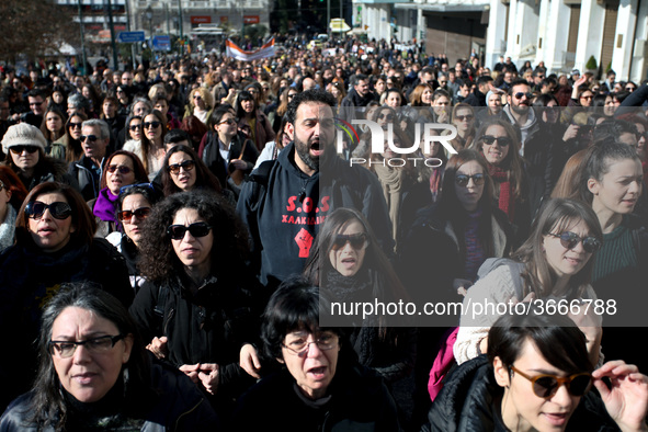 Greek school teachers protest outside the Greek Parliament in Athens, Greece on January 17, 2019. Teachers and students protest against gove...