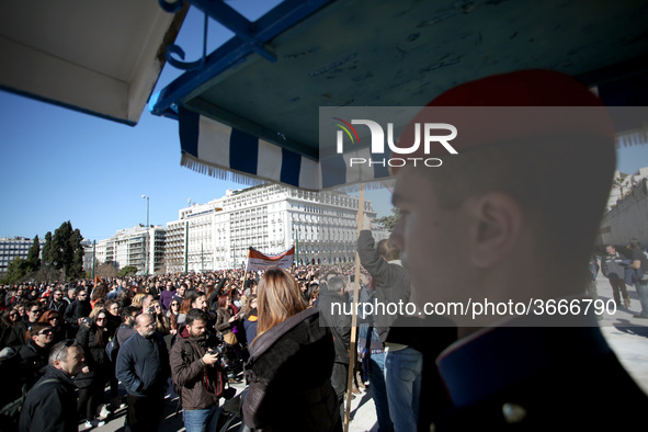 Greek school teachers protest outside the Greek Parliament in Athens, Greece on January 17, 2019. Teachers and students protest against gove...