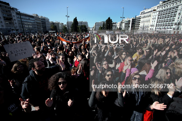 Greek school teachers protest outside the Greek Parliament in Athens, Greece on January 17, 2019. Teachers and students protest against gove...