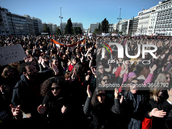 Greek school teachers protest outside the Greek Parliament in Athens, Greece on January 17, 2019. Teachers and students protest against gove...