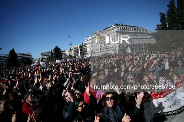 Greek school teachers protest outside the Greek Parliament in Athens, Greece on January 17, 2019. Teachers and students protest against gove...