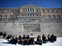 Greek school teachers protest outside the Greek Parliament in Athens, Greece on January 17, 2019. Teachers and students protest against gove...