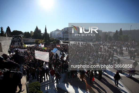 Greek school teachers protest outside the Greek Parliament in Athens, Greece on January 17, 2019. Teachers and students protest against gove...