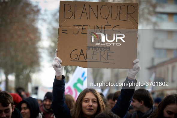 A student holds a placard reading 'Blanquer= youth in distress'. Several schoolteachers unions and two students unions (UNL, FIDL) called fo...