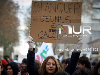 A student holds a placard reading 'Blanquer= youth in distress'. Several schoolteachers unions and two students unions (UNL, FIDL) called fo...