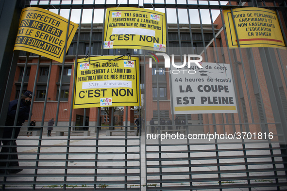 Teachers has put placards on the metal gates of the Local Board Education of toulouse. Several schoolteachers unions and two students unions...