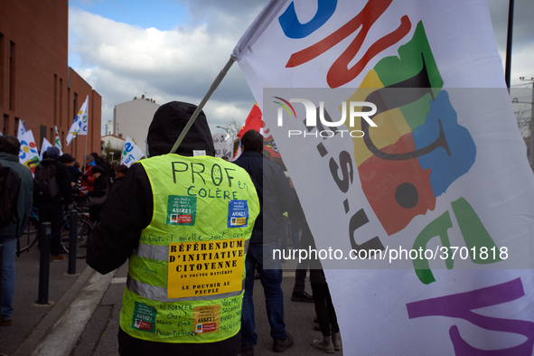 A teacher and yellow vest has written on his back 'Angry teacher'. Several schoolteachers unions and two students unions (UNL, FIDL) called...