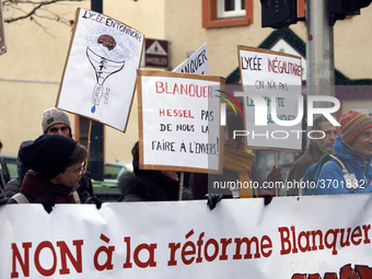 A banner reading 'No to the Blanquer's reforms'. Several schoolteachers unions and two students unions (UNL, FIDL) called for a day of strik...