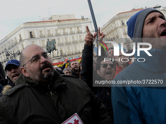 Taxi drivers strike to call for stricter regulations against ride hailing services such as Uber and Cabify in Madrid on 28th January, 2019....