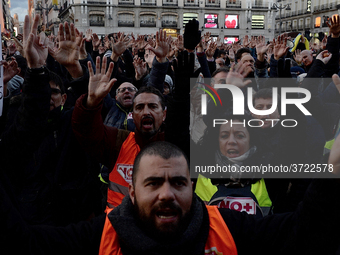 Taxi drivers strike to call for stricter regulations against ride hailing services such as Uber and Cabify in Madrid on 28th January, 2019....