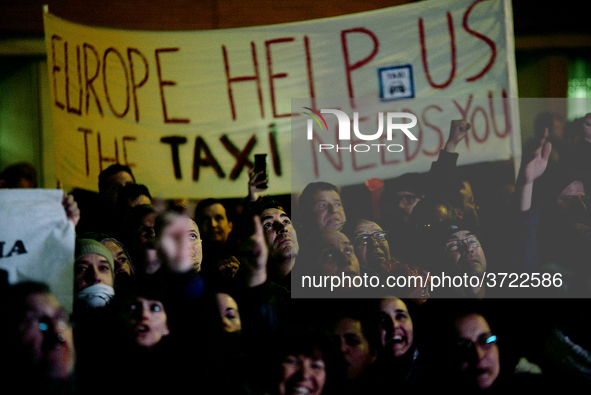 Taxi drivers strike to call for stricter regulations against ride hailing services such as Uber and Cabify in Madrid on 28th January, 2019. 