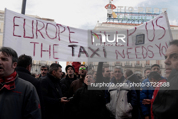 Taxi drivers strike to call for stricter regulations against ride hailing services such as Uber and Cabify in Madrid on 28th January, 2019. 