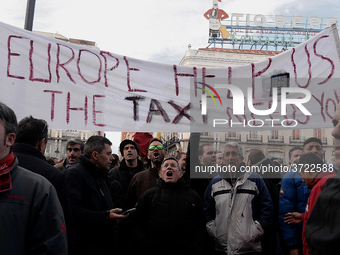 Taxi drivers strike to call for stricter regulations against ride hailing services such as Uber and Cabify in Madrid on 28th January, 2019....