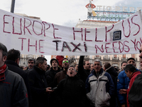 Taxi drivers strike to call for stricter regulations against ride hailing services such as Uber and Cabify in Madrid on 28th January, 2019....