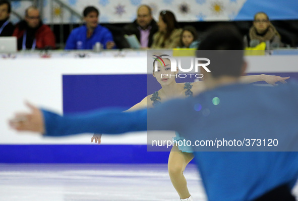 13 december-BARCELONA SPAIN: Xiaoyu Yu and Yang Jin invthe pairs free skating final in the ISU Grand Prix in Barcelona, held at the Forum in...