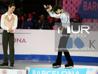 13 december-BARCELONA SPAIN: Yuzuru Hanuy and Javier Fernandez celebration in the ISU Grand Prix in Barcelona, held at the Forum in Barcelon...