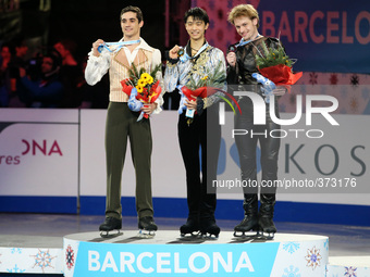 13 december-BARCELONA SPAIN: Yuzuru Hanyu, Javier Fernandez and Sergei Voronov men free skating winners in the ISU Grand Prix in Barcelona,...