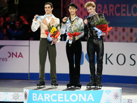 13 december-BARCELONA SPAIN: Yuzuru Hanyu, Javier Fernandez and Sergei Voronov men free skating winners in the ISU Grand Prix in Barcelona,...