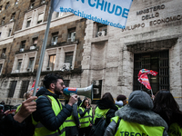 ROME, ITALY - FEBRUARY 04, garrisonof Treofan Workers against the risk of dismissal of 65 workers under the Minister of Economic Development...