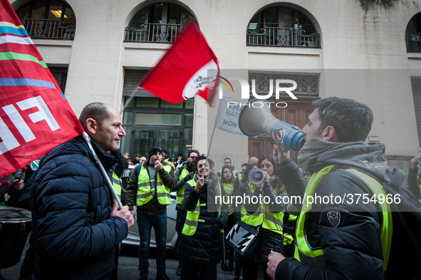 ROME, ITALY - FEBRUARY 04, garrisonof Treofan Workers against the risk of dismissal of 65 workers under the Minister of Economic Development...