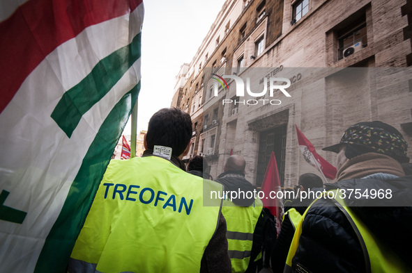 ROME, ITALY - FEBRUARY 04, garrisonof Treofan Workers against the risk of dismissal of 65 workers under the Minister of Economic Development...