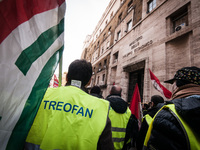 ROME, ITALY - FEBRUARY 04, garrisonof Treofan Workers against the risk of dismissal of 65 workers under the Minister of Economic Development...