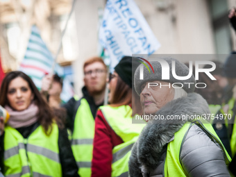 ROME, ITALY - FEBRUARY 04, garrisonof Treofan Workers against the risk of dismissal of 65 workers under the Minister of Economic Development...