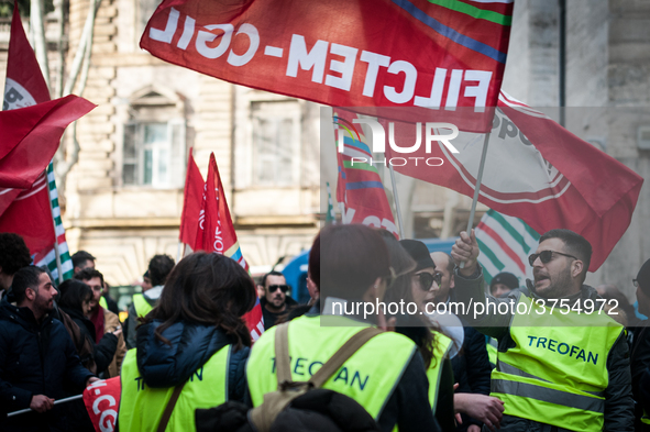 ROME, ITALY - FEBRUARY 04, garrisonof Treofan Workers against the risk of dismissal of 65 workers under the Minister of Economic Development...