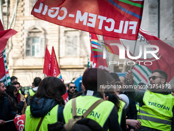 ROME, ITALY - FEBRUARY 04, garrisonof Treofan Workers against the risk of dismissal of 65 workers under the Minister of Economic Development...