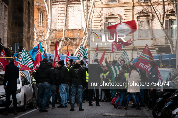 ROME, ITALY - FEBRUARY 04, garrisonof Treofan Workers against the risk of dismissal of 65 workers under the Minister of Economic Development...