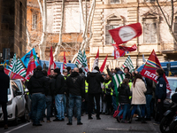 ROME, ITALY - FEBRUARY 04, garrisonof Treofan Workers against the risk of dismissal of 65 workers under the Minister of Economic Development...