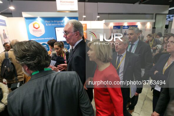 President of the Ile-de France regional council Valerie Pecresse (C, in red) visits the Salon des Entrepreneurs (Entrepreneurship fair) in P...