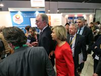 President of the Ile-de France regional council Valerie Pecresse (C, in red) visits the Salon des Entrepreneurs (Entrepreneurship fair) in P...