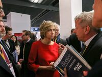 President of the Ile-de France regional council Valerie Pecresse (C, in red) visits the Salon des Entrepreneurs (Entrepreneurship fair) in P...