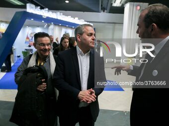 The President of the Hauts-de-France region, Xavier Bertrand (C) visits the Salon des Entrepreneurs (Entrepreneurship fair) in Paris on Febr...