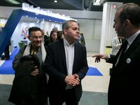 The President of the Hauts-de-France region, Xavier Bertrand (C) visits the Salon des Entrepreneurs (Entrepreneurship fair) in Paris on Febr...