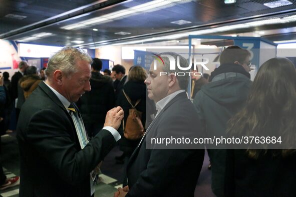 The President of the Hauts-de-France region, Xavier Bertrand (C) visits the Salon des Entrepreneurs (Entrepreneurship fair) in Paris on Febr...