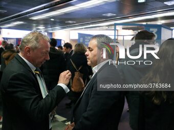 The President of the Hauts-de-France region, Xavier Bertrand (C) visits the Salon des Entrepreneurs (Entrepreneurship fair) in Paris on Febr...