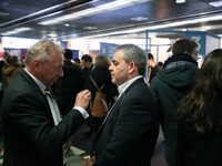 The President of the Hauts-de-France region, Xavier Bertrand (C) visits the Salon des Entrepreneurs (Entrepreneurship fair) in Paris on Febr...