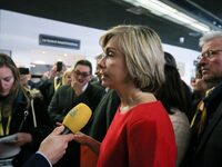 President of the Ile-de France regional council Valerie Pecresse (C, in red) visits the Salon des Entrepreneurs (Entrepreneurship fair) in P...