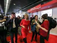 President of the Ile-de France regional council Valerie Pecresse (C, in red) visits the Salon des Entrepreneurs (Entrepreneurship fair) in P...